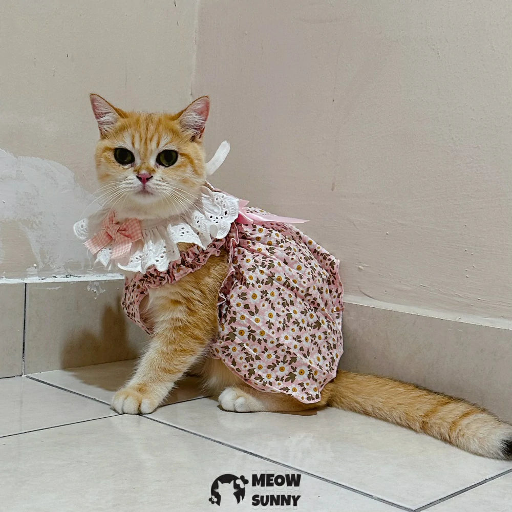 Floral Print Cat Dress with Satin Bow and Pearl for Cats