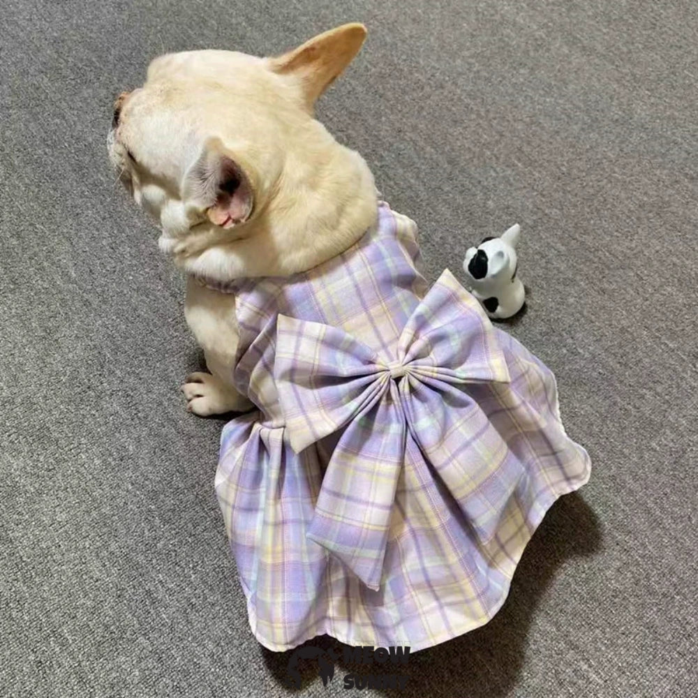 French Bulldog Purple Plaid Slip Dress with Bowknot Summer Vest Skirt