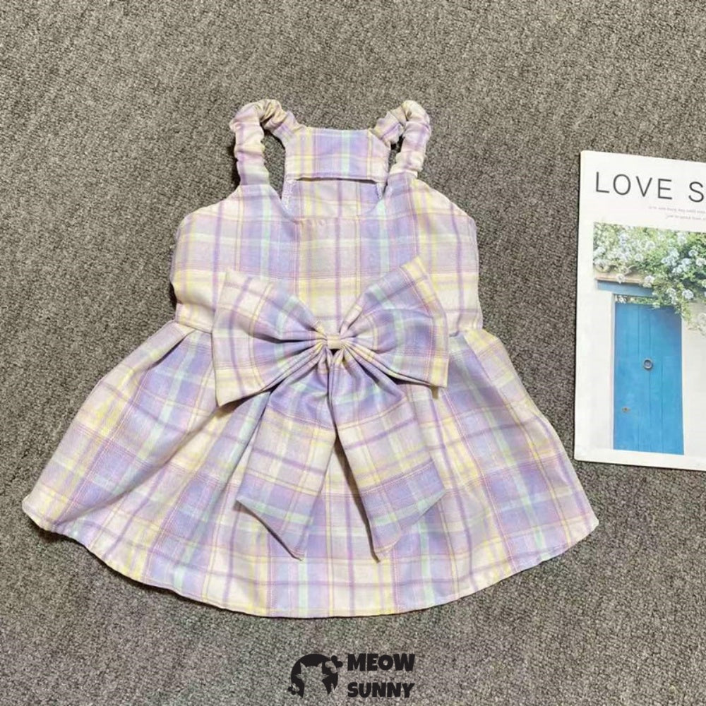 French Bulldog Purple Plaid Slip Dress with Bowknot Summer Vest Skirt