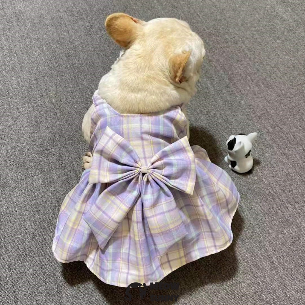 French Bulldog Purple Plaid Slip Dress with Bowknot Summer Vest Skirt