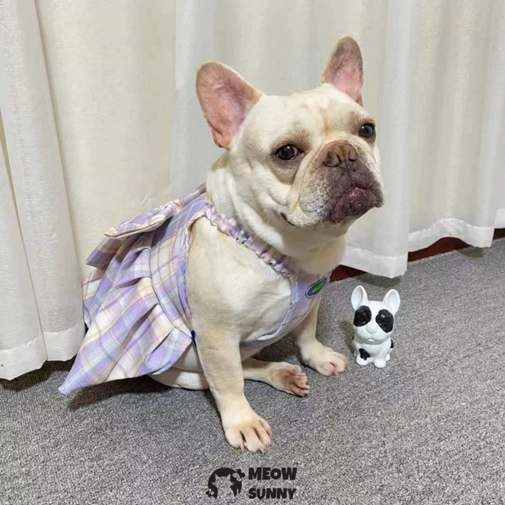 French Bulldog Purple Plaid Slip Dress with Bowknot Summer Vest Skirt