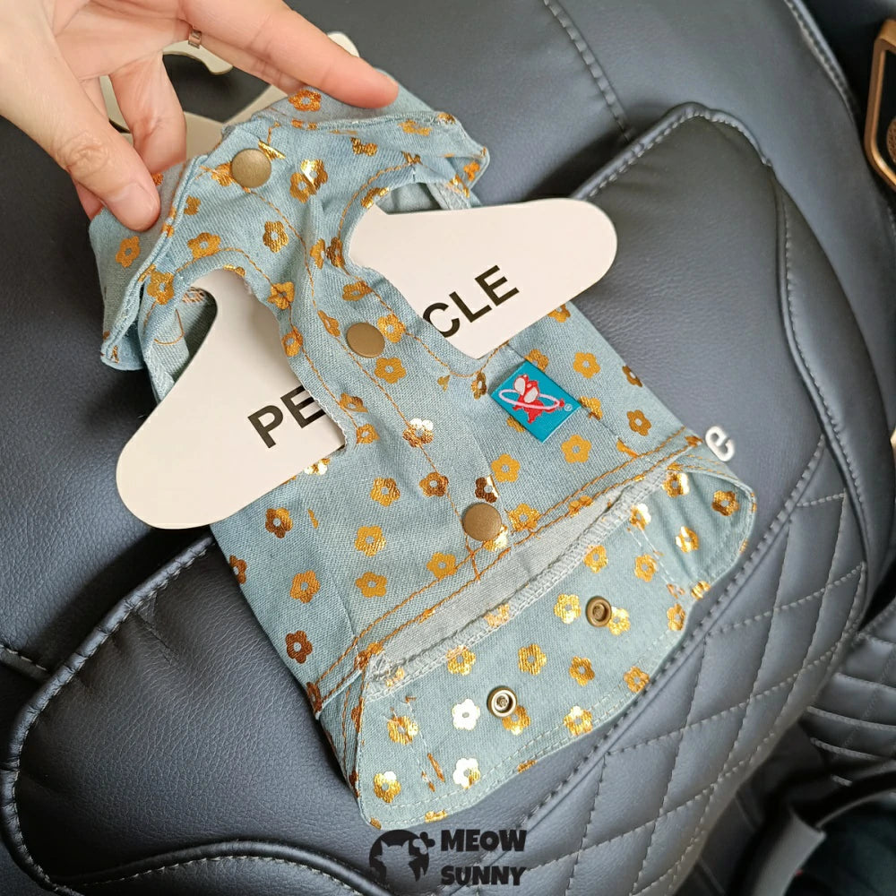 Gold-stamped small flower denim coat pet clothes dog handsome coat
