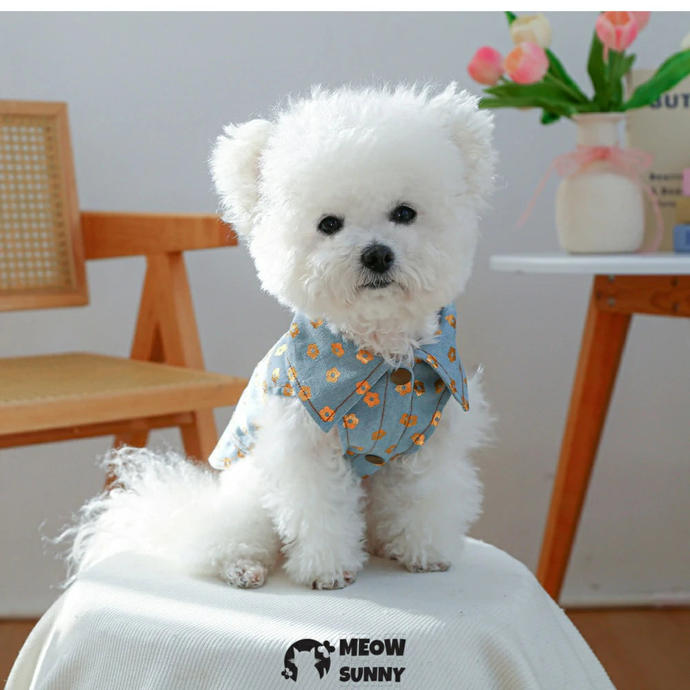 Gold-stamped small flower denim coat pet clothes dog handsome coat