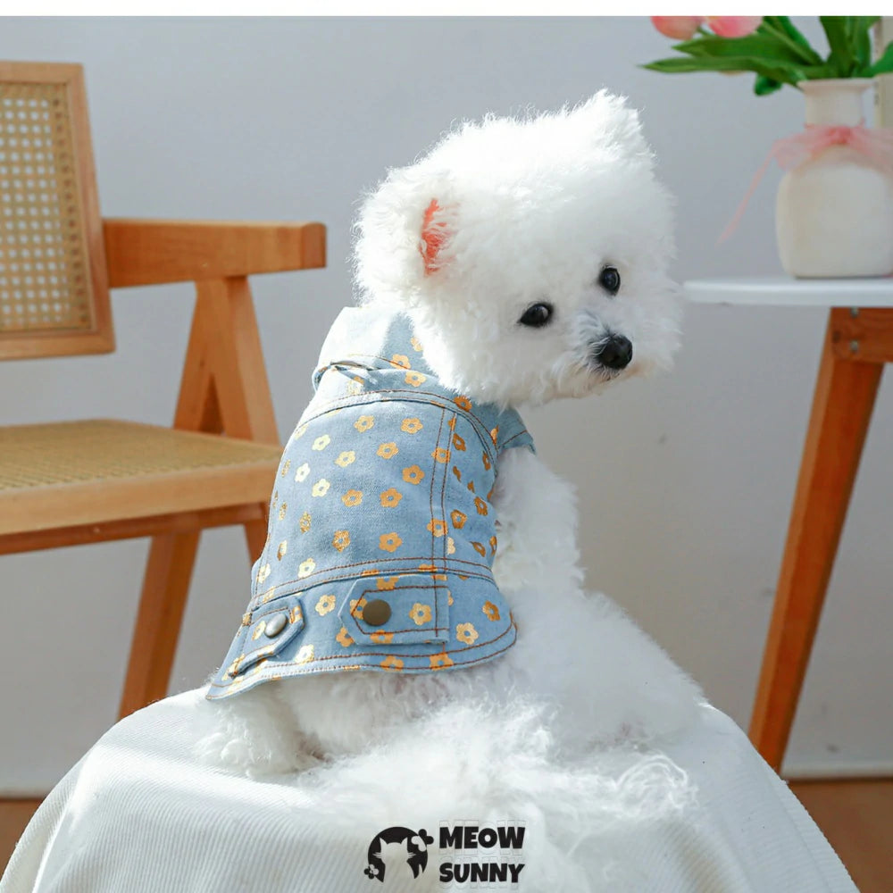 Gold-stamped small flower denim coat pet clothes dog handsome coat