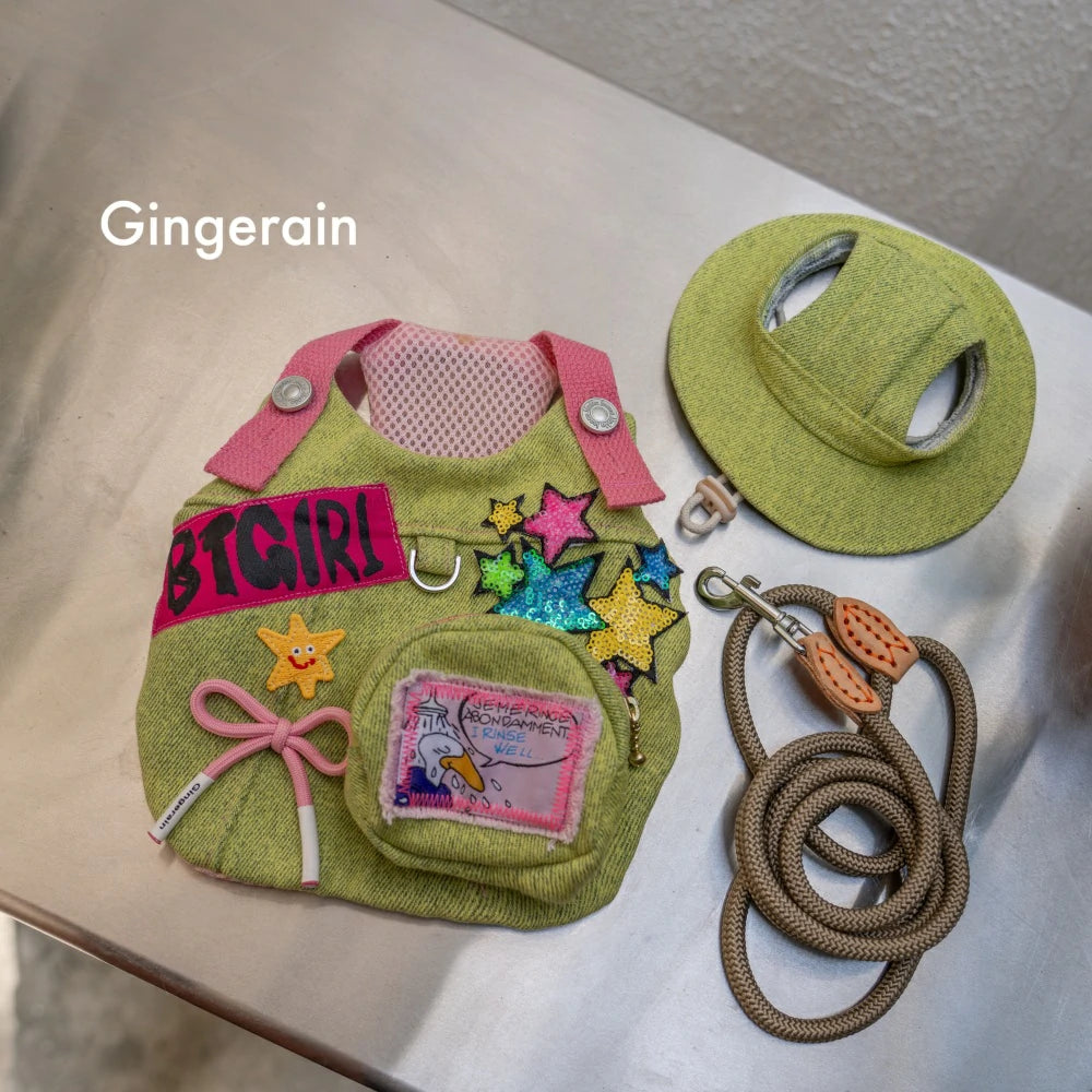 Green cute doll decoration cat denim chest leash set with hat