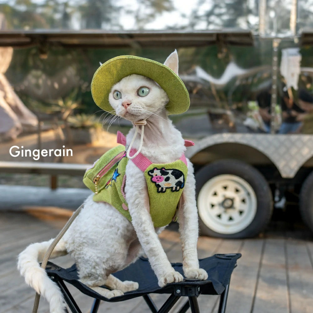 Green cute doll decoration cat denim chest leash set with hat