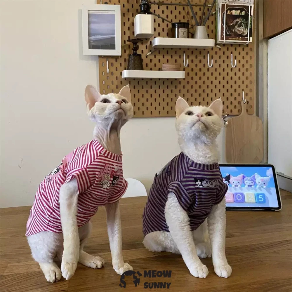 Hairless Cat Clothes Cotton T-shirt Cartoon Striped Bottoming Shirt