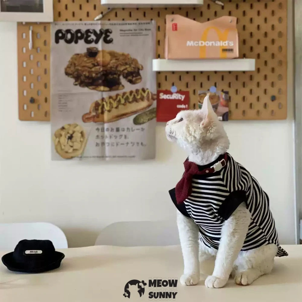 Hairless Cat Clothes Pure Cotton Striped T-shirt Vintage Bottoming Shirt