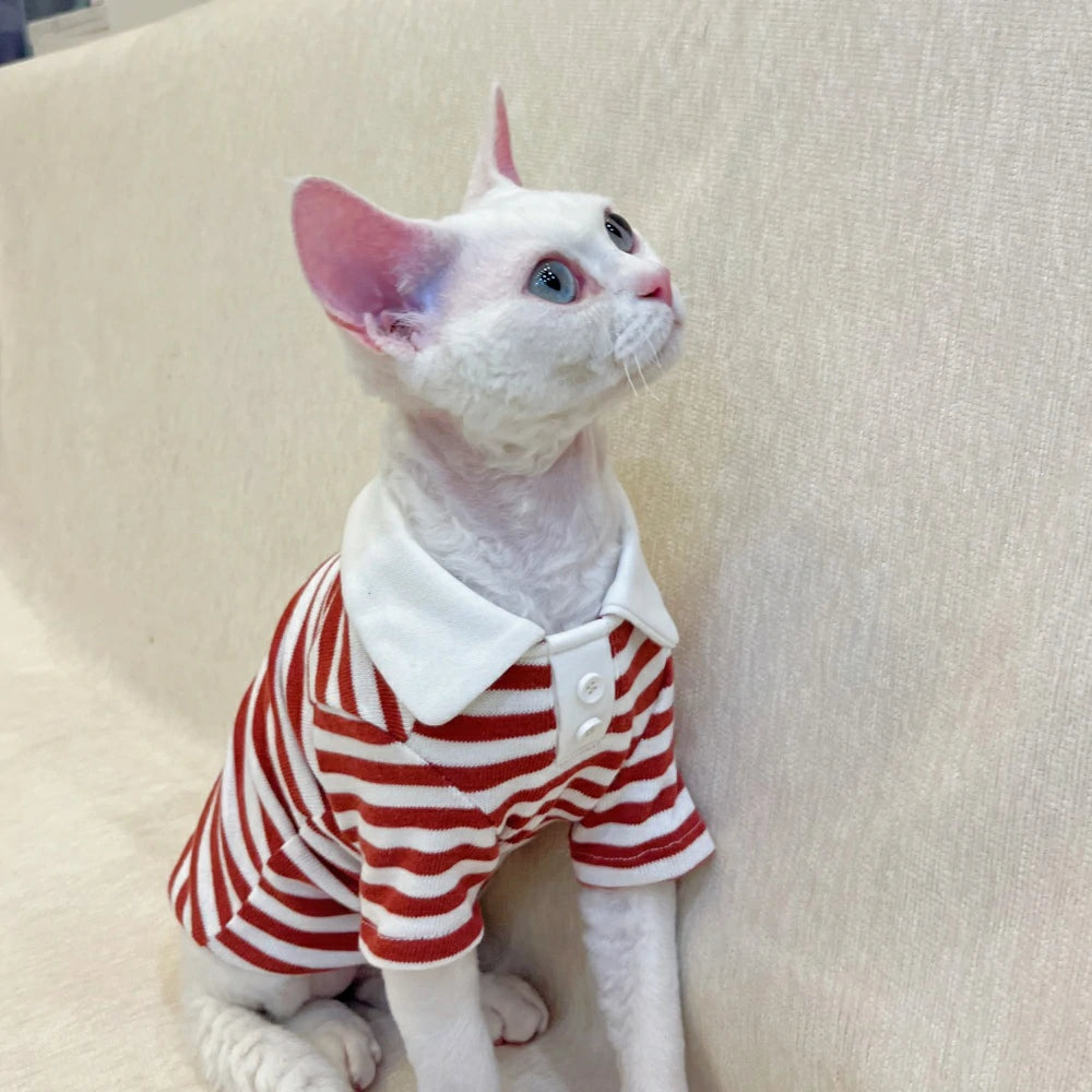 Hairless Cat Clothes Striped Sweet POLO Collar Stretch Cotton Sweater