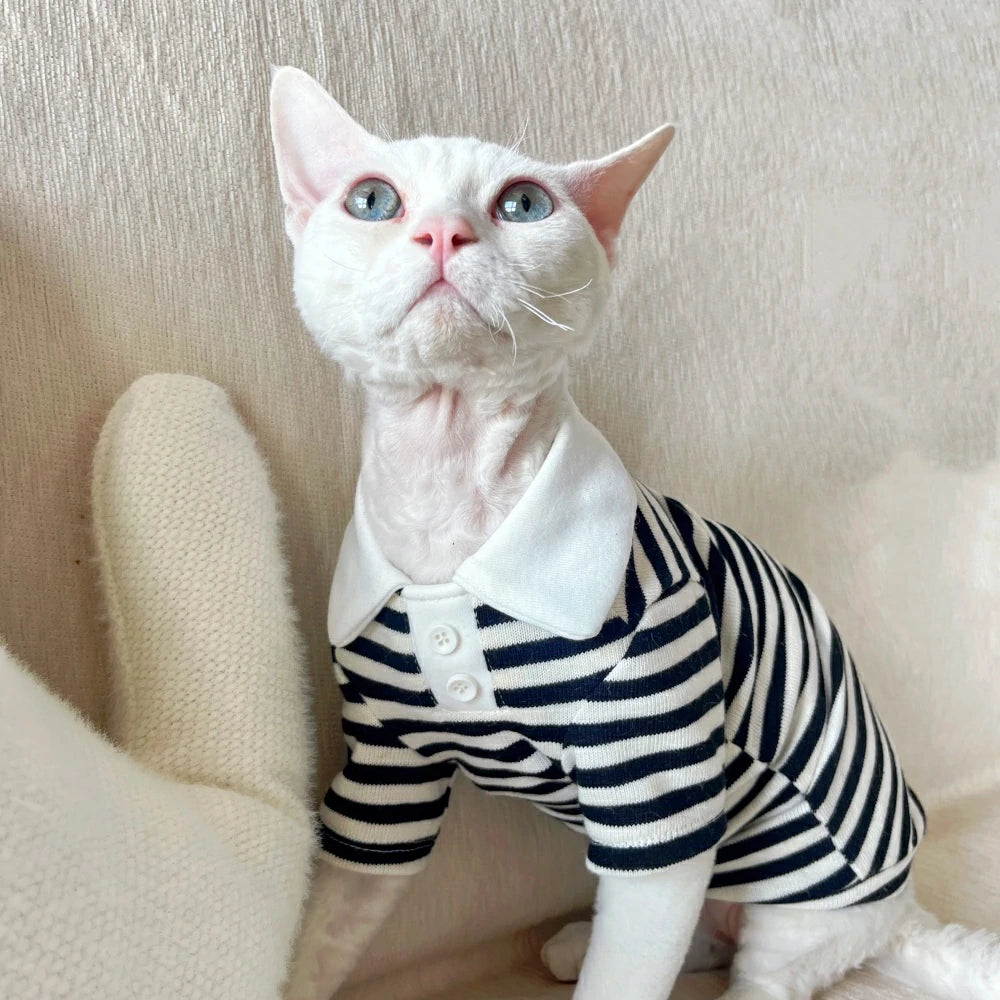 Hairless Cat Clothes Striped Sweet POLO Collar Stretch Cotton Sweater