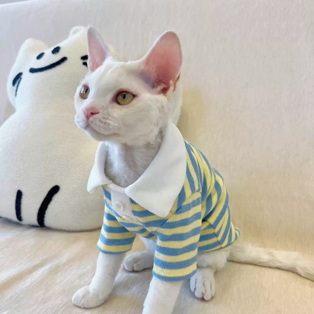 Hairless Cat Clothes Striped Sweet POLO Collar Stretch Cotton Sweater