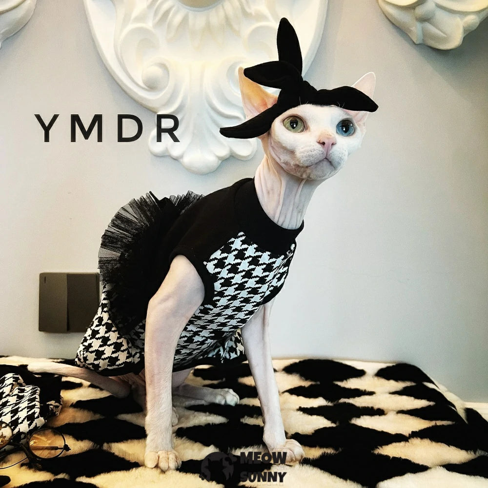 Hairless Cat Devon Black and White Houndstooth College Style Vest Set