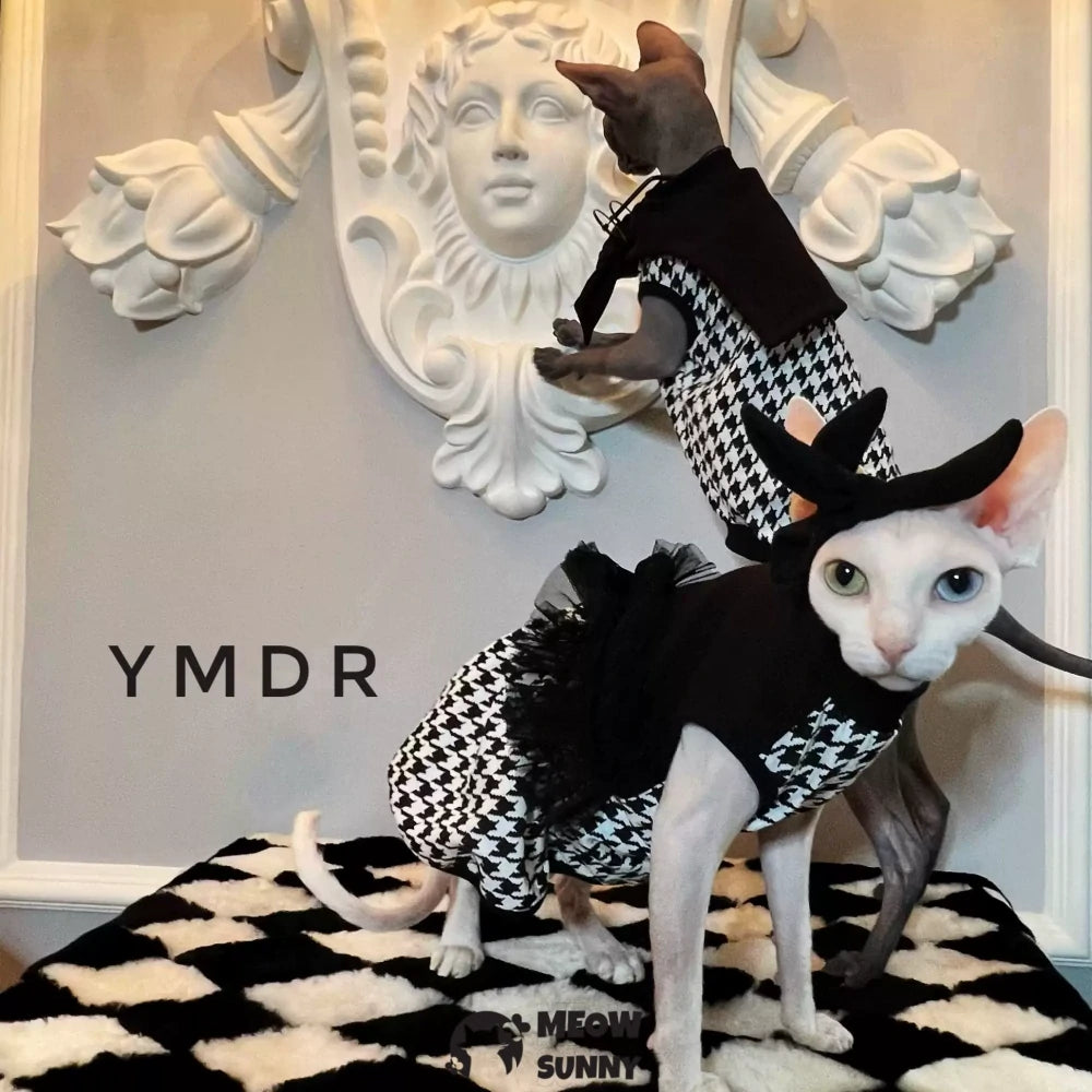 Hairless Cat Devon Black and White Houndstooth College Style Vest Set