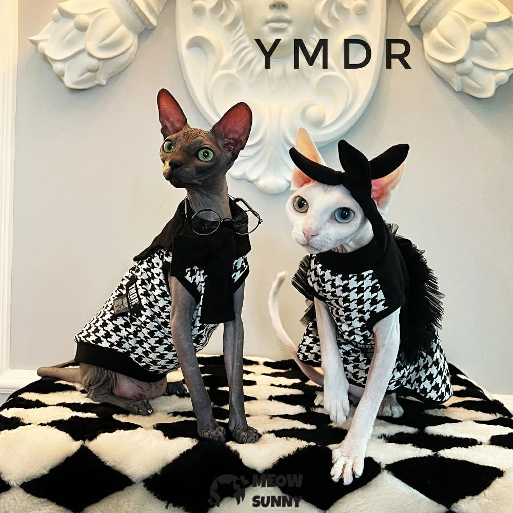 Hairless Cat Devon Black and White Houndstooth College Style Vest Set