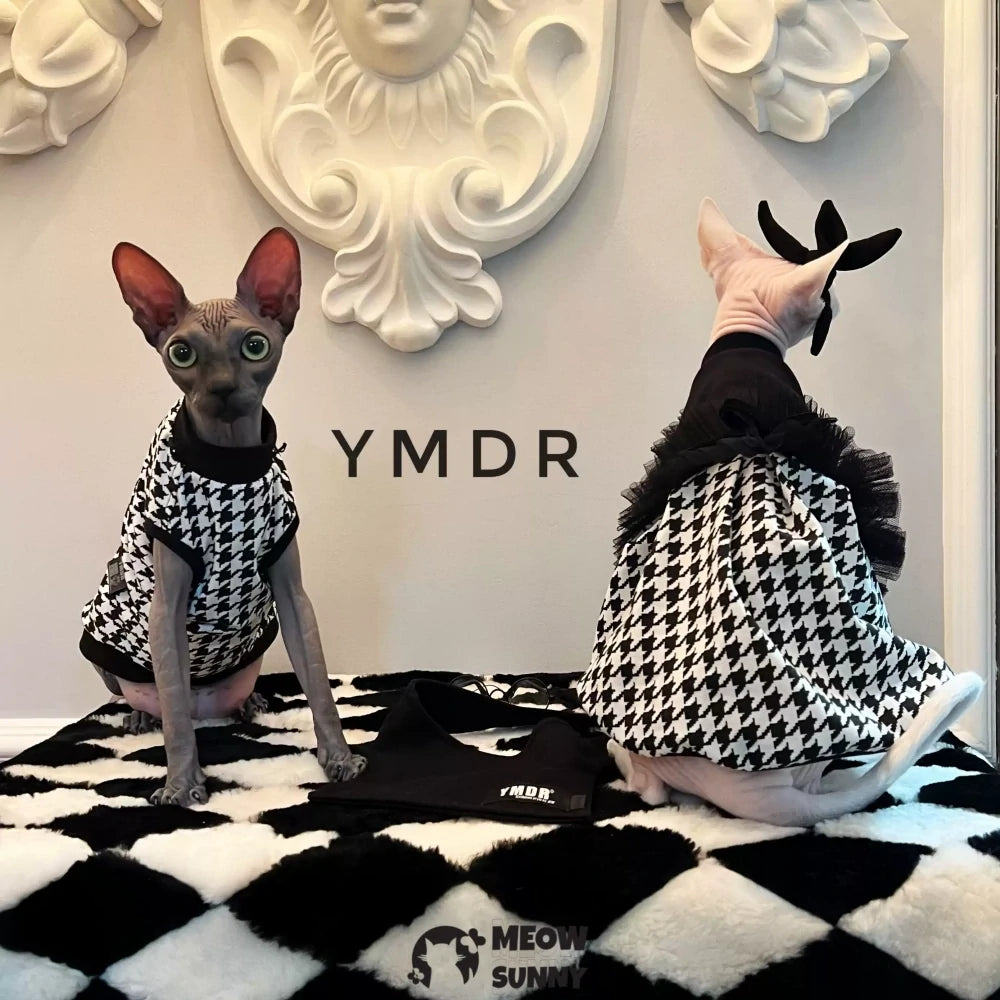 Hairless Cat Devon Black and White Houndstooth College Style Vest Set
