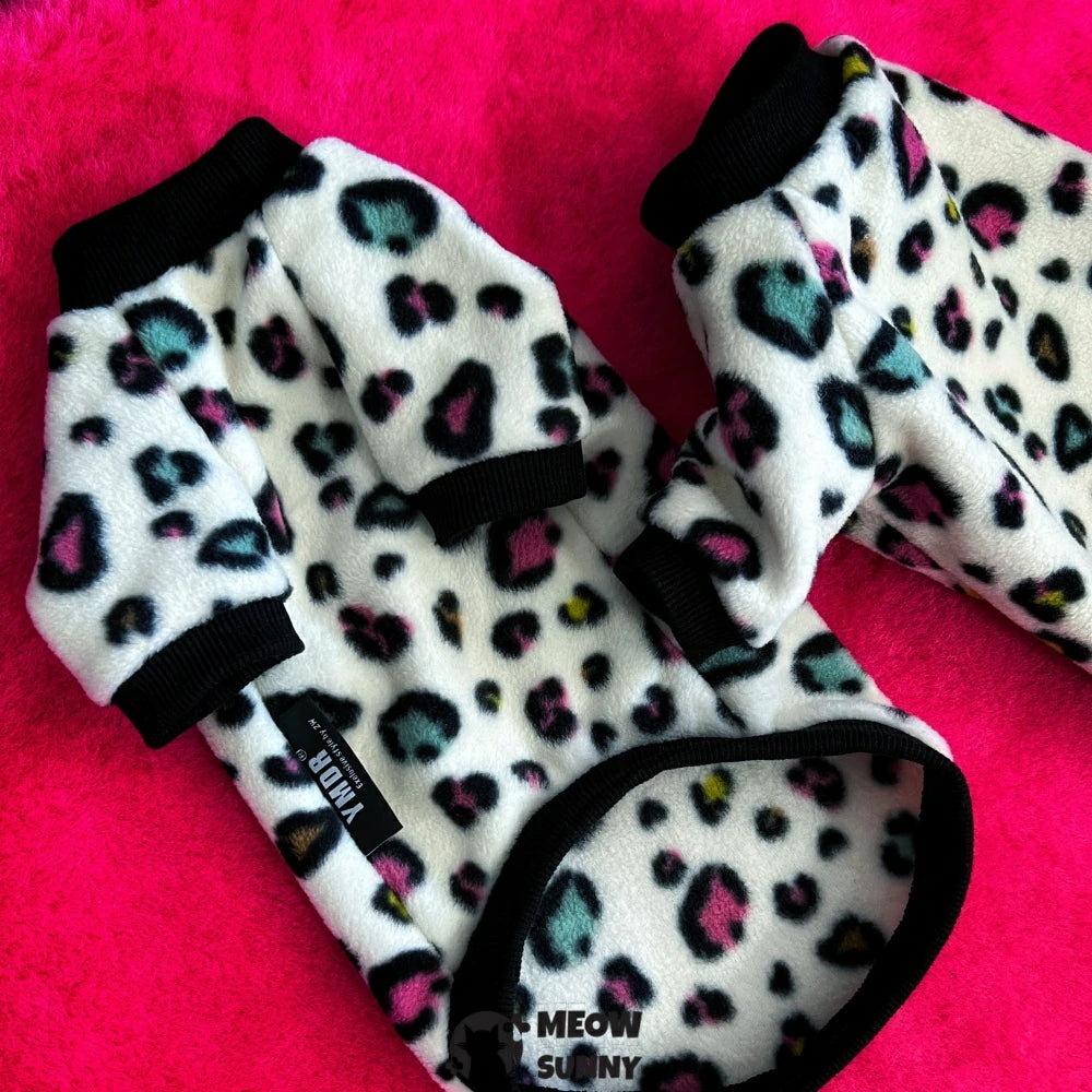 Hairless Devon cat leopard print suit, warm polar fleece, ear protection sun hat