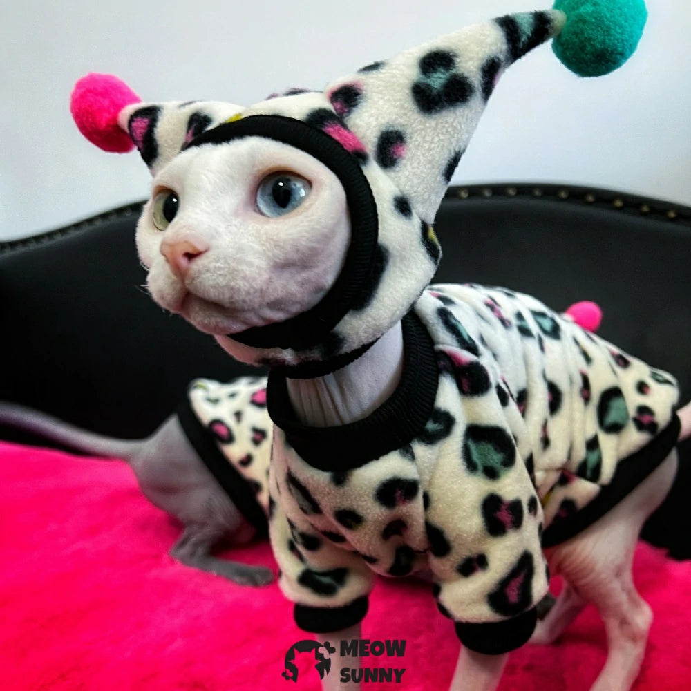 Hairless Devon cat leopard print suit, warm polar fleece, ear protection sun hat