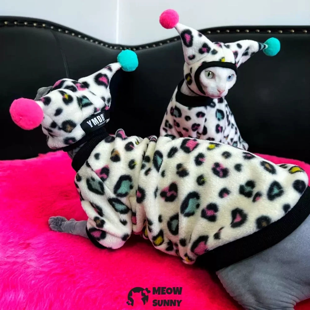 Hairless Devon cat leopard print suit, warm polar fleece, ear protection sun hat