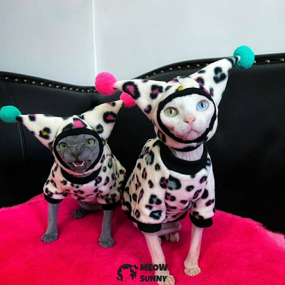 Hairless Devon cat leopard print suit, warm polar fleece, ear protection sun hat