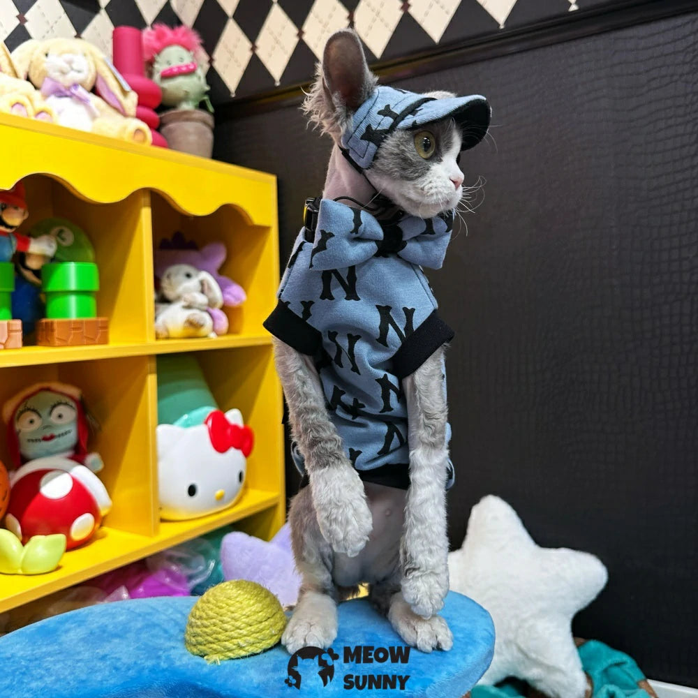 Hairless cat casual vest, summer cotton fabric, cat baseball cap, bow tie