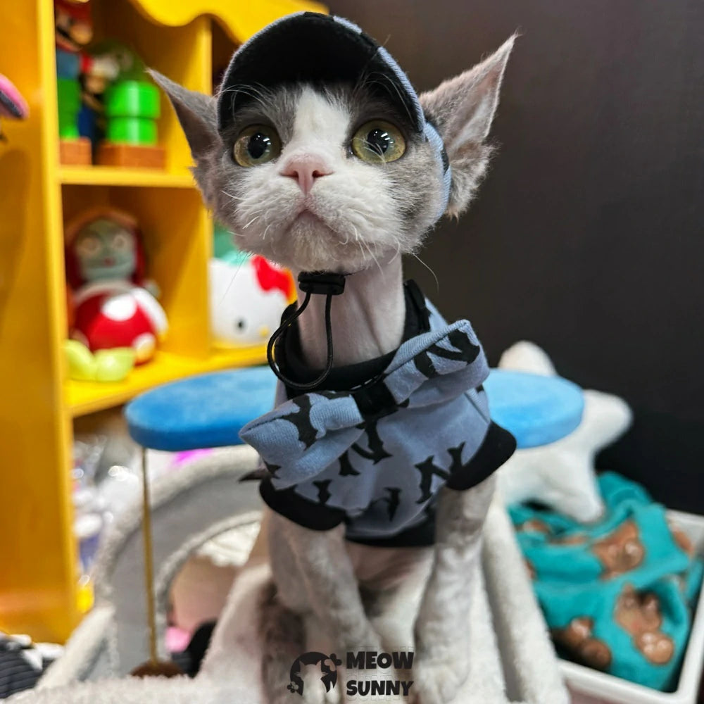 Hairless cat casual vest, summer cotton fabric, cat baseball cap, bow tie