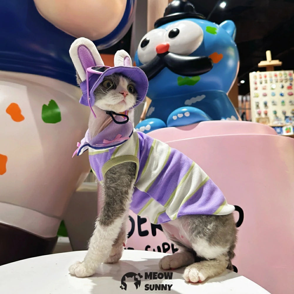 Hairless cat clothes cute bunny hat summer street style doll collar vest