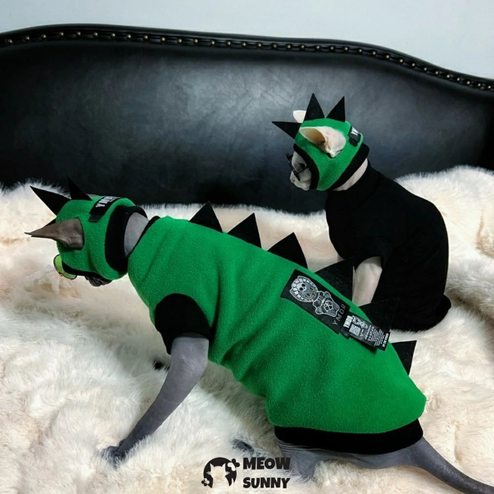 Hairless cat clothes green hat suit for going out warm dinosaur shape