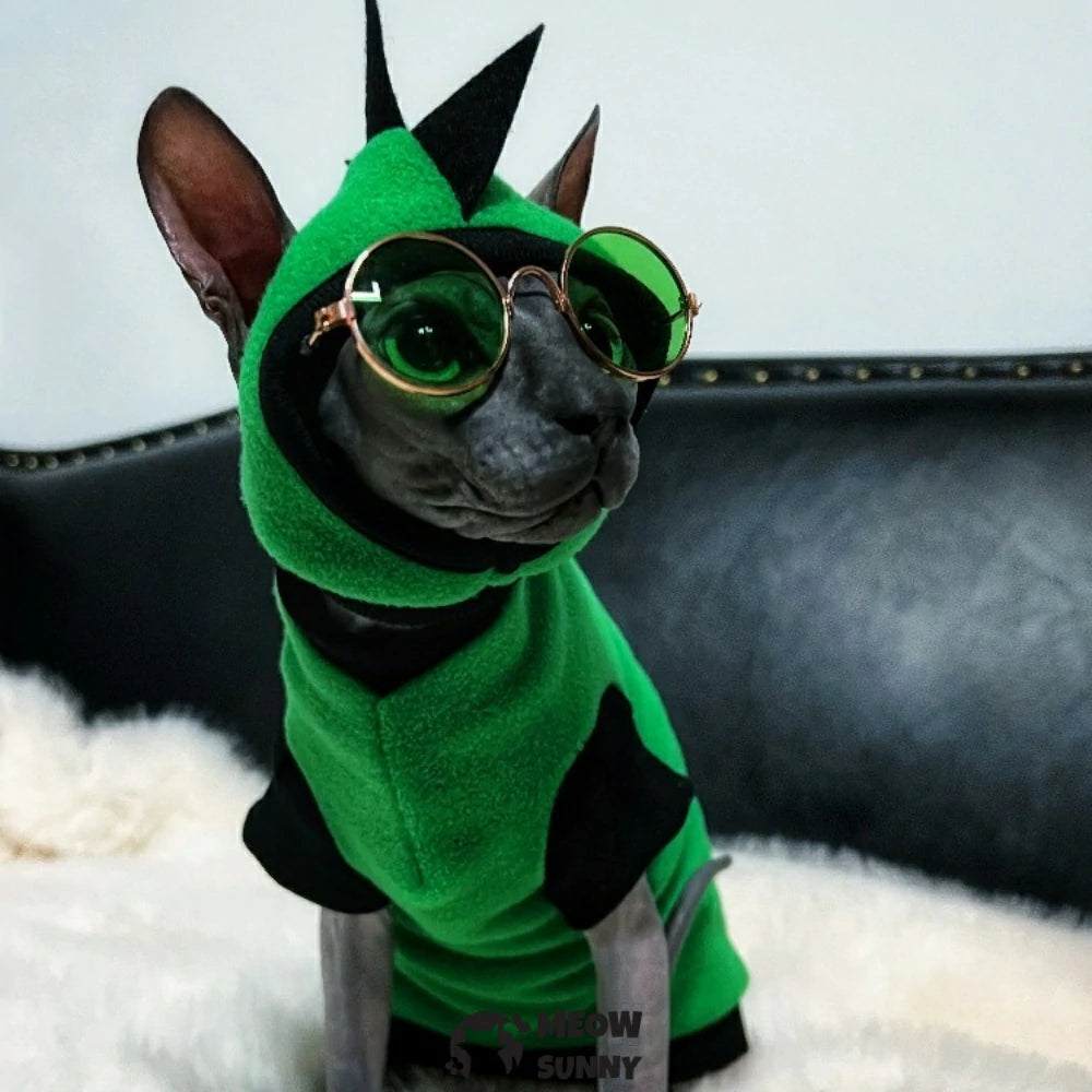 Hairless cat clothes green hat suit for going out warm dinosaur shape