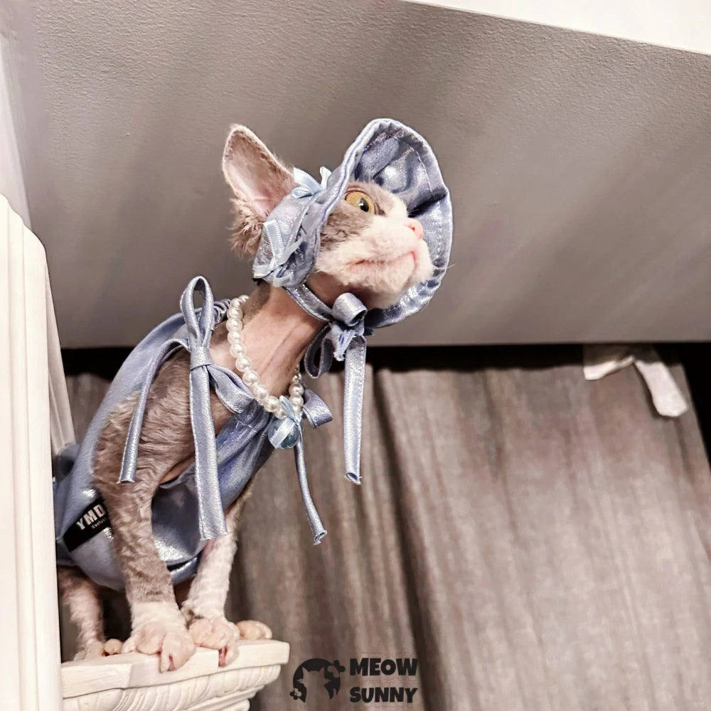 Hairless cat cool and sweet summer glass denim bow tie suspender skirt