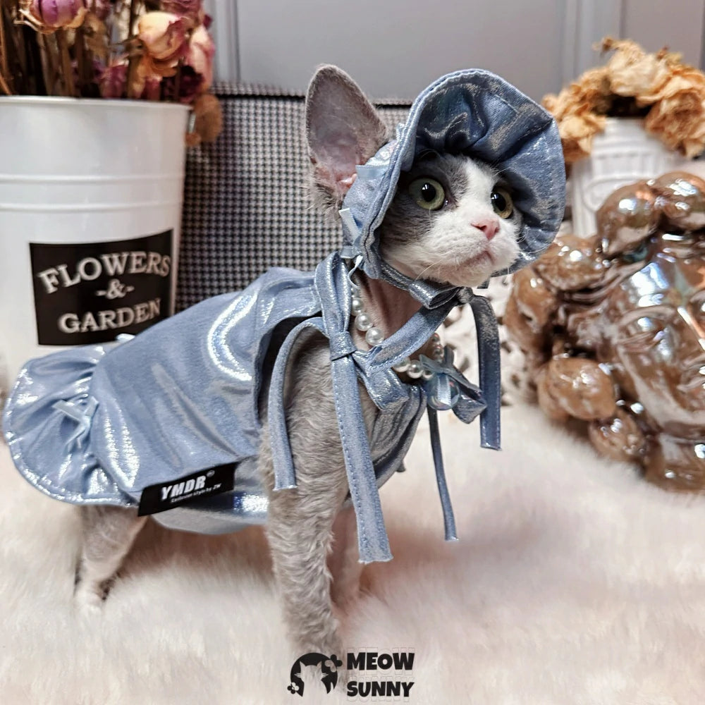 Hairless cat cool and sweet summer glass denim bow tie suspender skirt