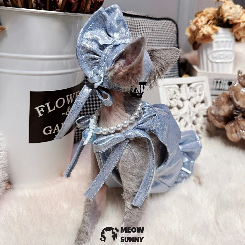Hairless cat cool and sweet summer glass denim bow tie suspender skirt