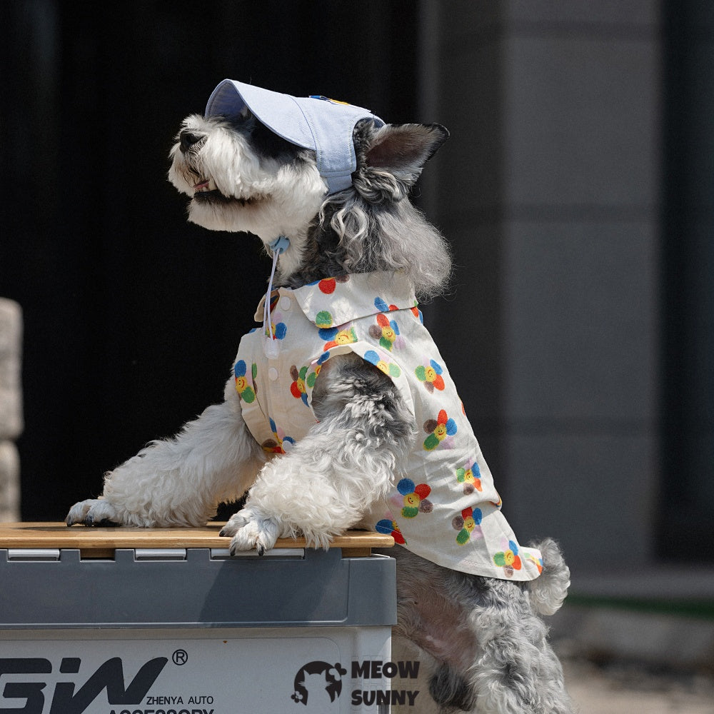 Hawaiian Beach Print Pet Dog T-Shirts for Summer with hat