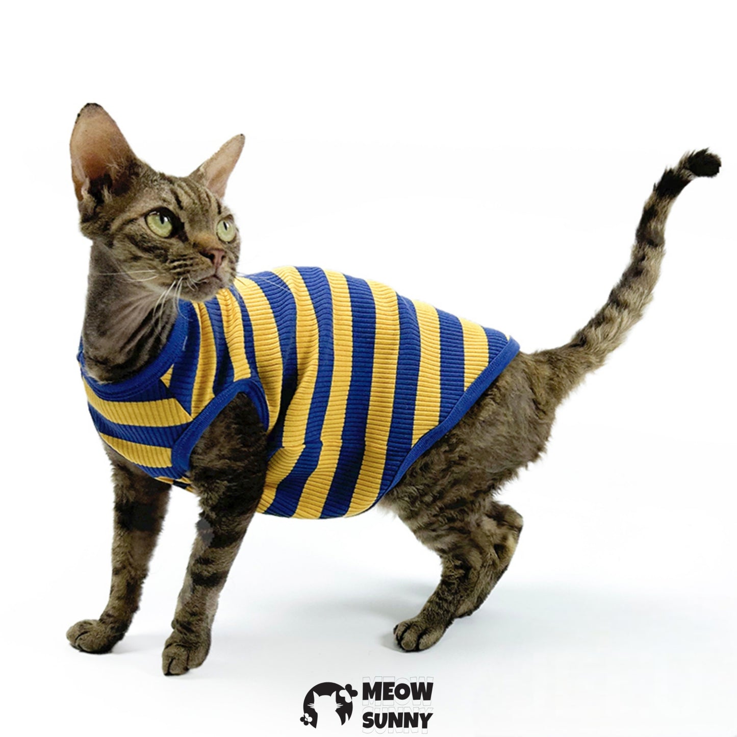 Striped Dog & Cat Polo Shirt, Yellow & Navy, Small
