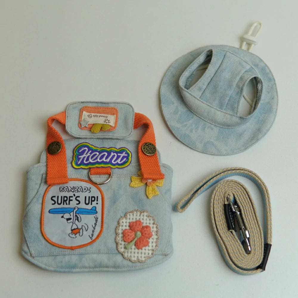 Light blue denim with cat cartoon patch and chest leash set including hat