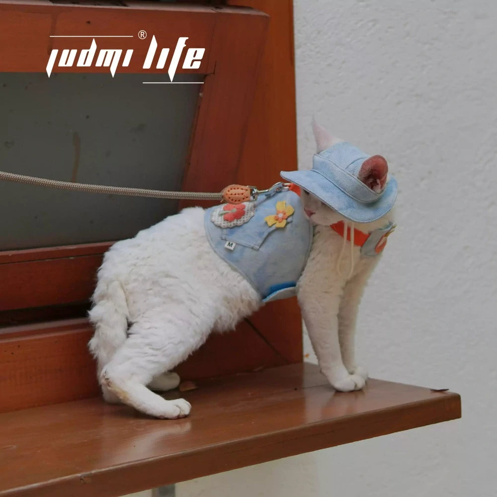 Light blue denim with cat cartoon patch and chest leash set including hat