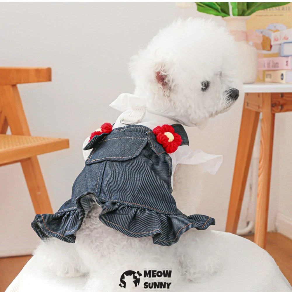 Little red flower overalls skirt pet dog clothes traction denim skirt