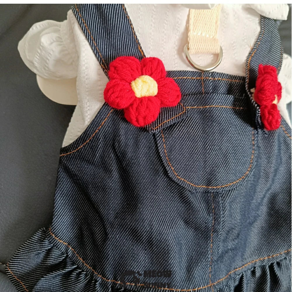 Little red flower overalls skirt pet dog clothes traction denim skirt