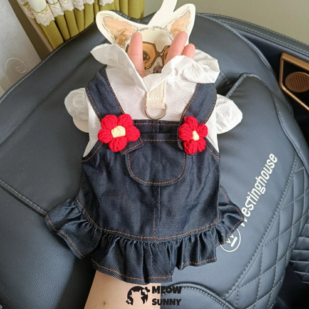 Little red flower overalls skirt pet dog clothes traction denim skirt
