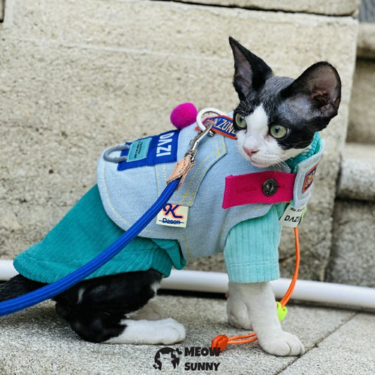 Multicolor Cloth Patch Cat Denim Chest Leash Set