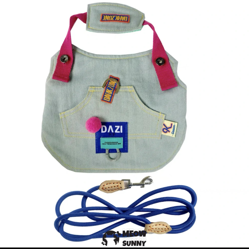 Multicolor Cloth Patch Cat Denim Chest Leash Set