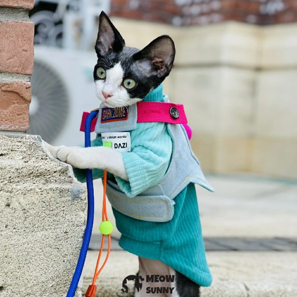 Multicolor Cloth Patch Cat Denim Chest Leash Set