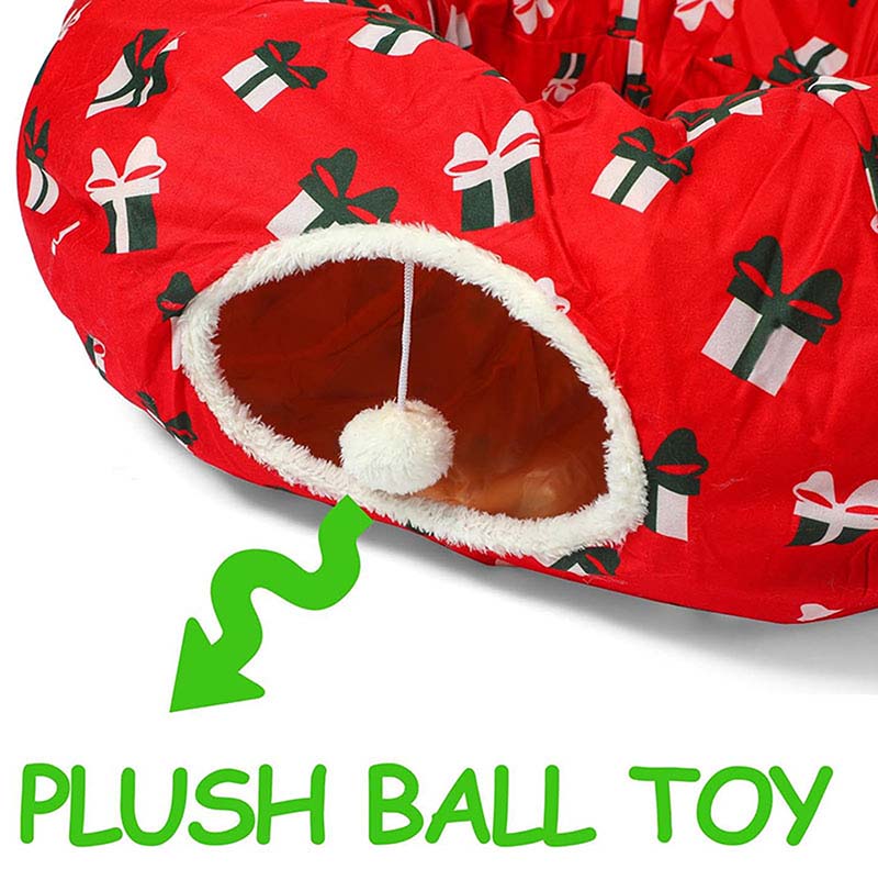 Catstages Indoor Christmas Washable Round Tunnel Red Plush Cat Bed