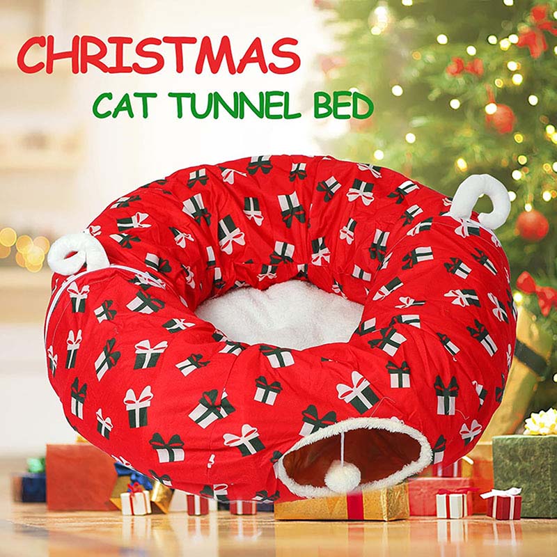 Catstages Indoor Christmas Washable Round Tunnel Red Plush Cat Bed