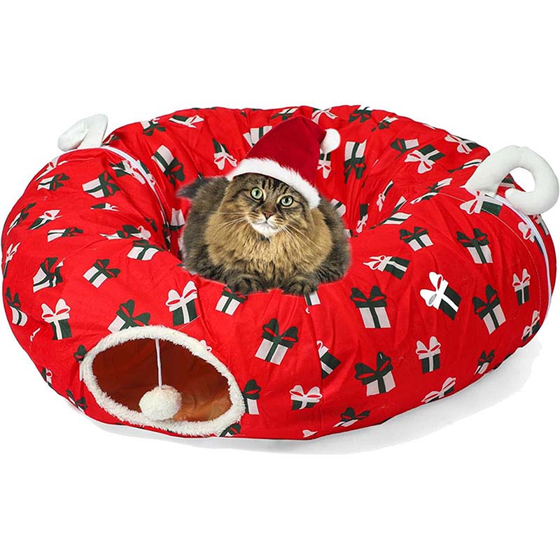 Catstages Indoor Christmas Washable Round Tunnel Red Plush Cat Bed