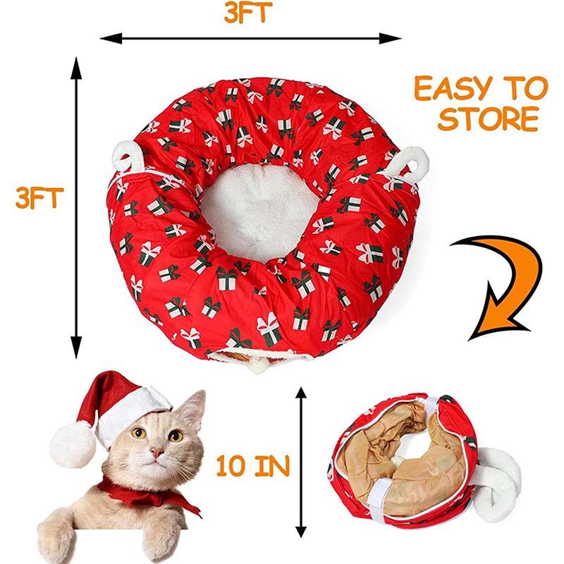 Catstages Indoor Christmas Washable Round Tunnel Red Plush Cat Bed