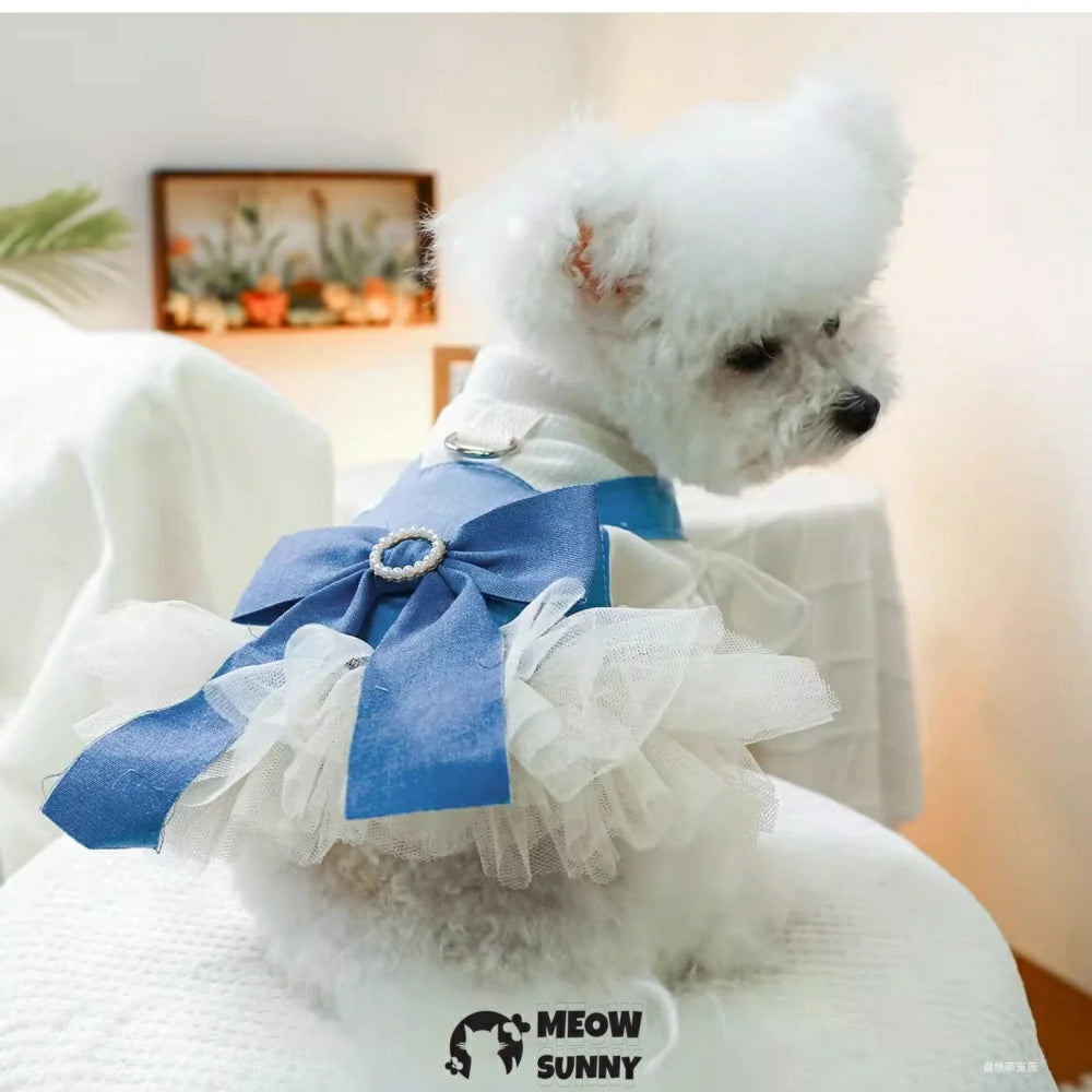Pearl Denim Skirt Pet Clothes Dog Pullable Bow Princess Skirt