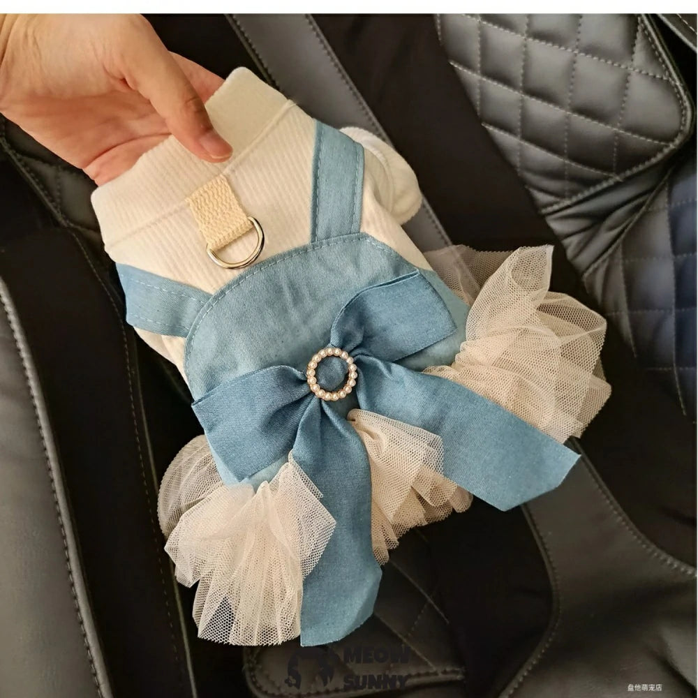 Pearl Denim Skirt Pet Clothes Dog Pullable Bow Princess Skirt