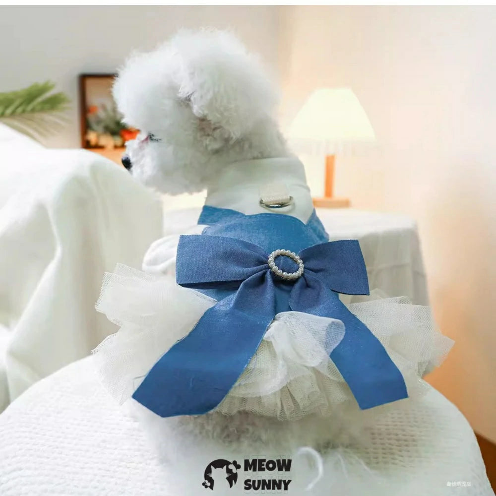 Pearl Denim Skirt Pet Clothes Dog Pullable Bow Princess Skirt