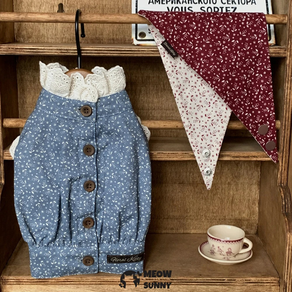 Pet Clothes for Cat Pure Cotton Summer Retro Floral Shirt Bibs