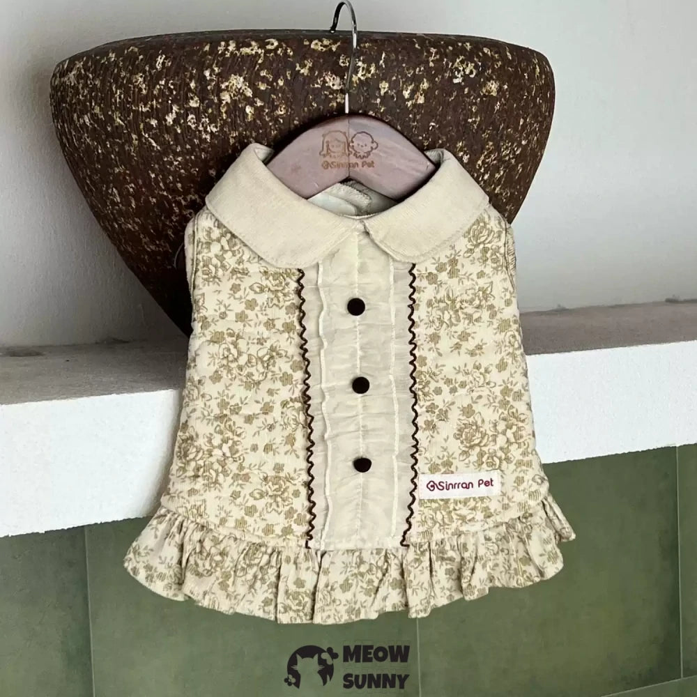 Pet dog warm plus velvet French floral jacket high-end dress